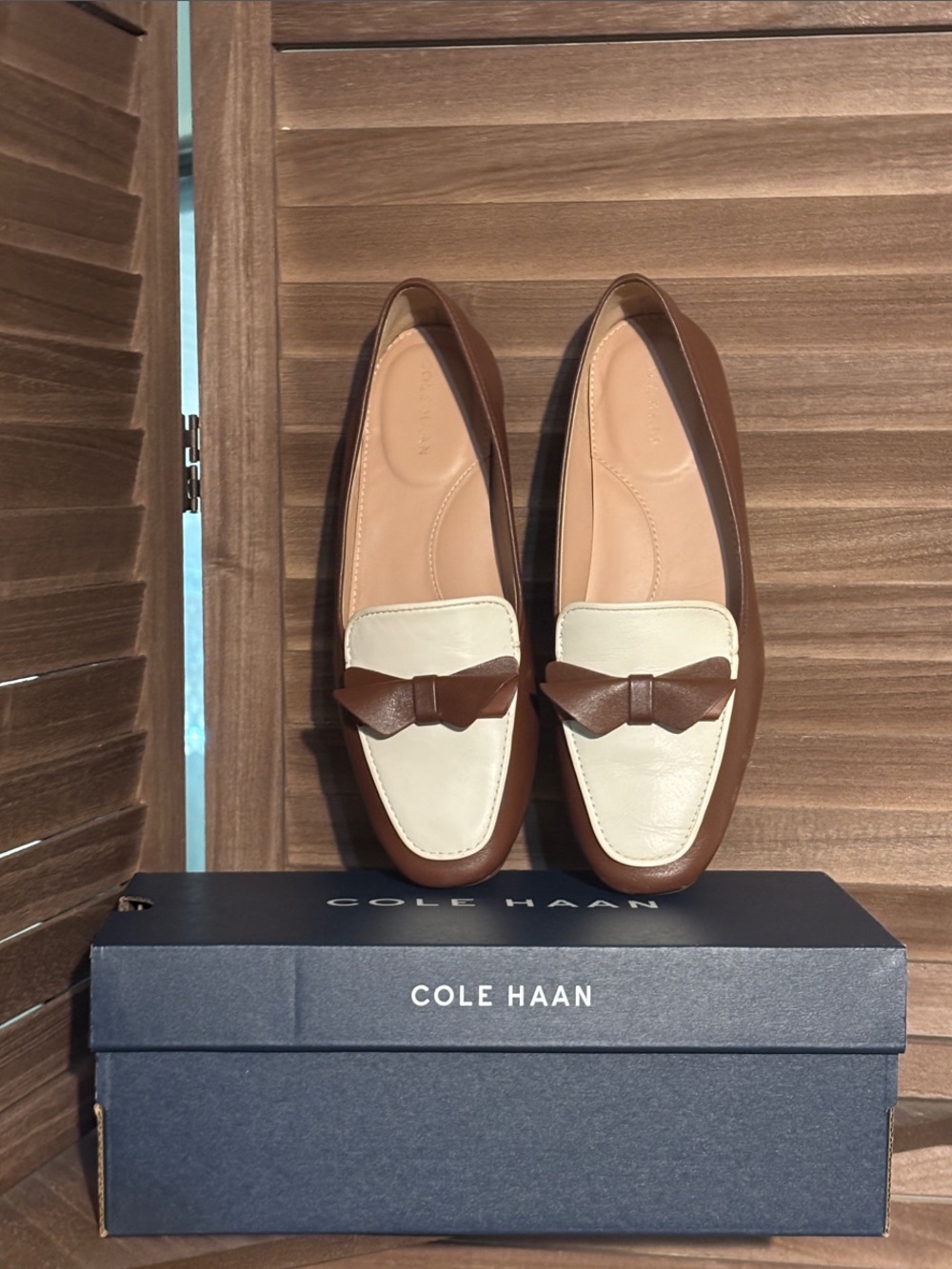 Cole Haan Brown and Cream Leather Bow Loafers